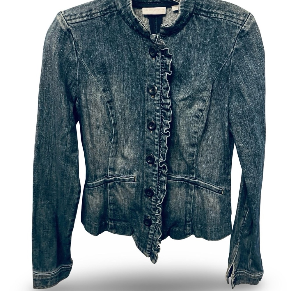 New York & Company Soft Light Weight Blue Denim Jacket with Ruffle Trim SX